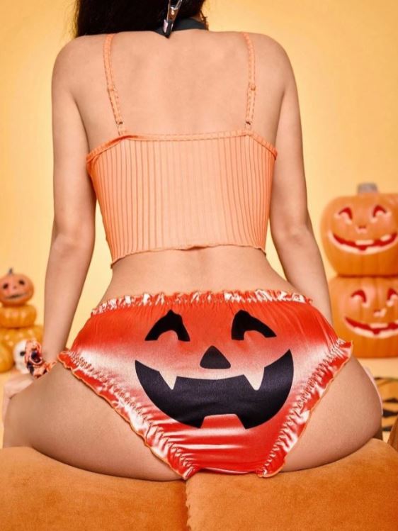 Halloween Orange Knickers Pumpkin Face Frilly Glossy Briefs Women’s size M 10
