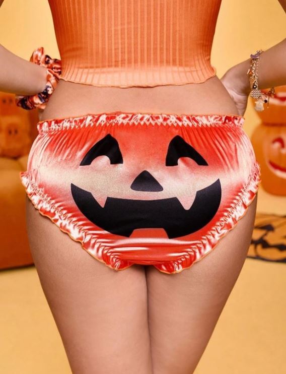 Halloween Orange Knickers Pumpkin Face Frilly Glossy Briefs Women’s size M 10