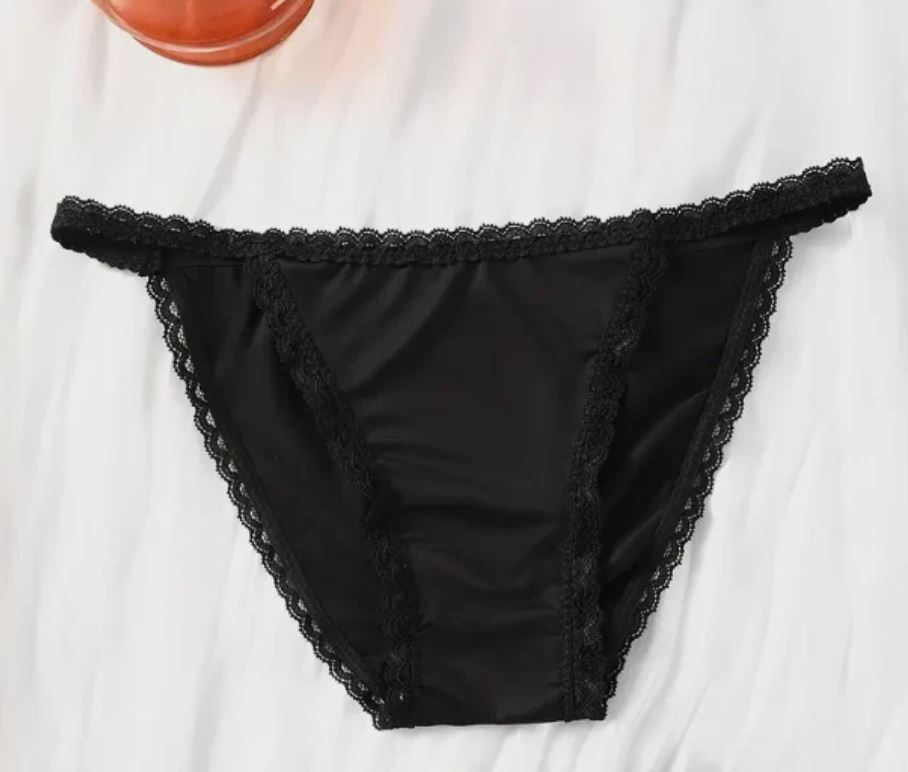 Black Silky Satin Knickers Lace Trim Cut Out Brief Panties size 12-14 L