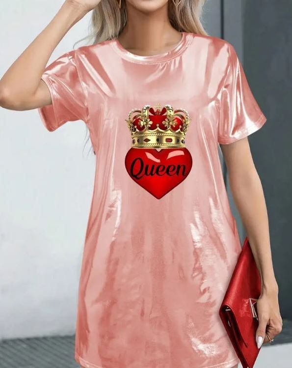 Pink Shiny Satin T-Shirt Nightdress Queen Heart Nightie Sleepwear size L 12-14
