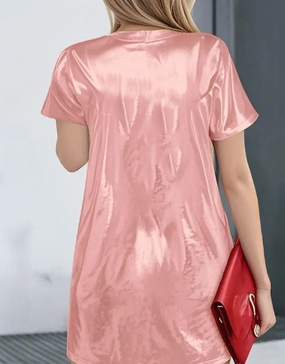 Pink Shiny Satin T-Shirt Nightdress Queen Heart Nightie Sleepwear size L 12-14