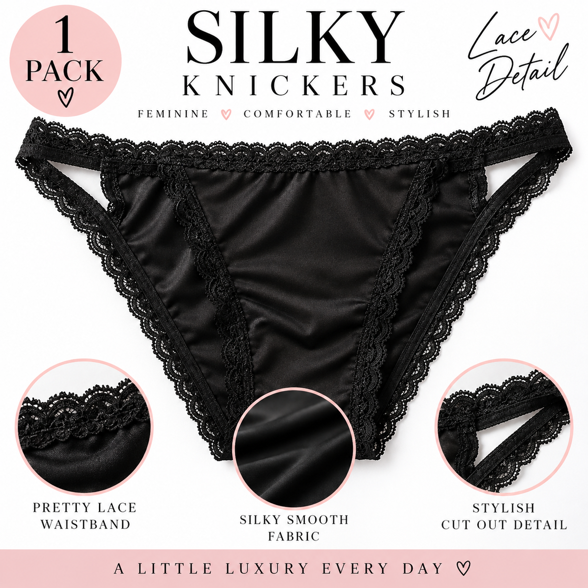 Black Silky Satin Knickers Lace Trim Cut Out Brief Panties size 10 M tanga