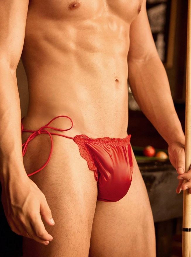 Men’s Red Satin Briefs Lace Trim Tie Side Ruched Back silky Knickers size S 8-10