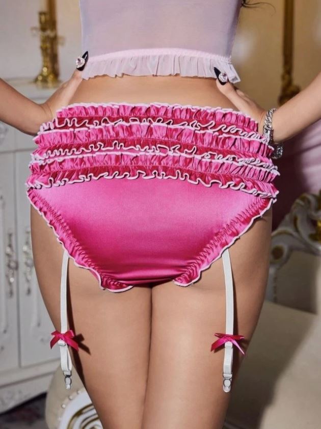 🌸 Pink Satin Bow Garter Panties Ruffle Back silky feel knickers size L 12-14