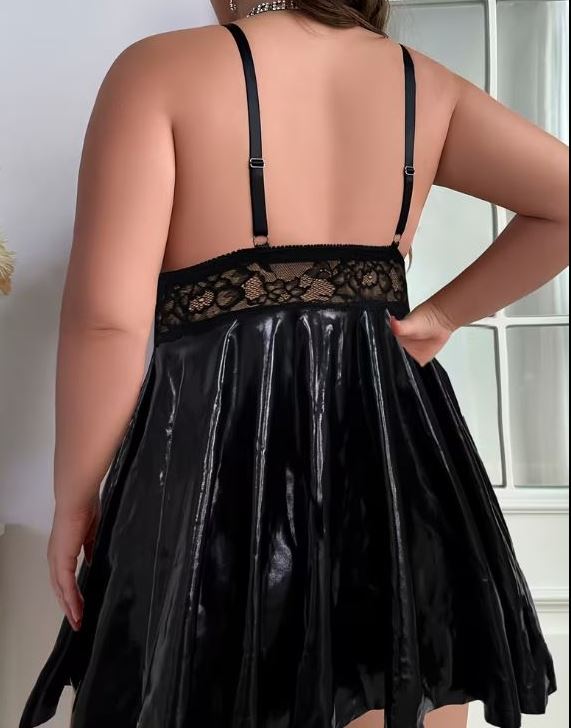 Black Lace Babydoll Lingerie Set Plus Size Wet Look Nightwear Chemise & Thong size XL UK 16-18