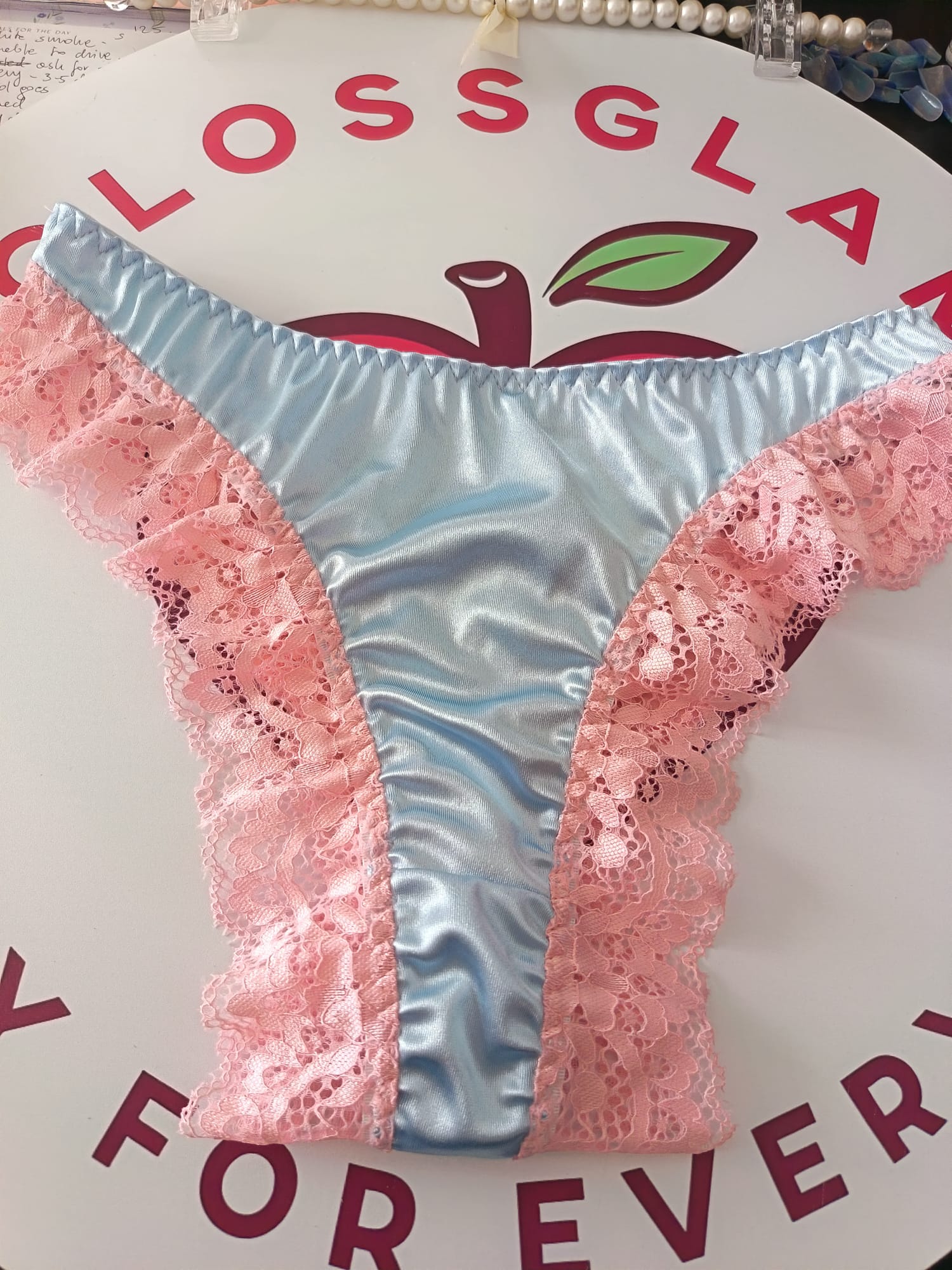 Womens Satin Lace Knickers Frilly Sissy Panties silky thongs blue L 12-14