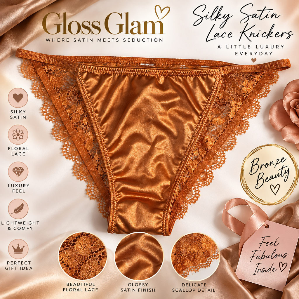 Bronze Copper Satin Knickers Silky Floral Lace Bikini Briefs size L 12-14