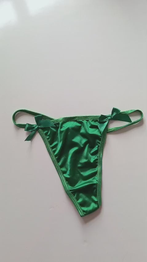 💚 Emerald Green Satin Thong Panties Bow Detail Silky Lingerie Knickers size 8 S