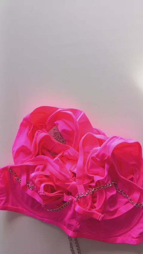 💖 Neon Pink Strappy Lingerie Set Bra Thong Garter Belt Chain Harness Size M 10