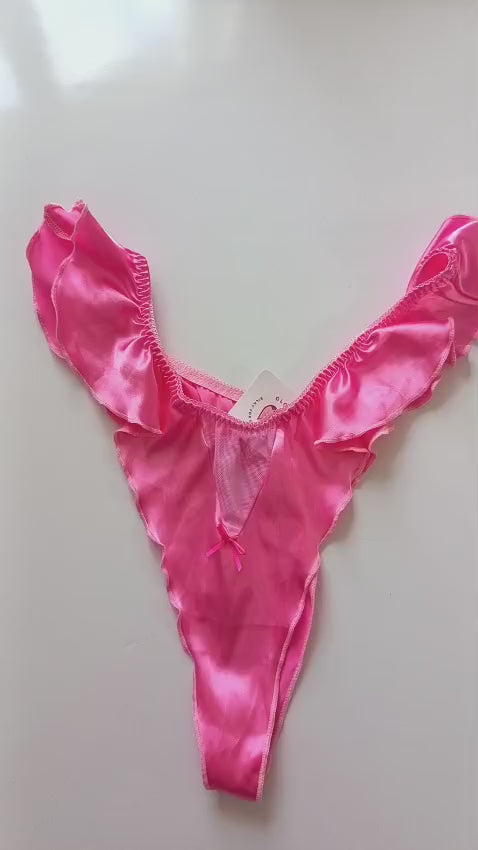 💕 Pink Satin Frilly Ruffle Thong Knickers Mesh Bow Panties silky size XL 16-18 💕