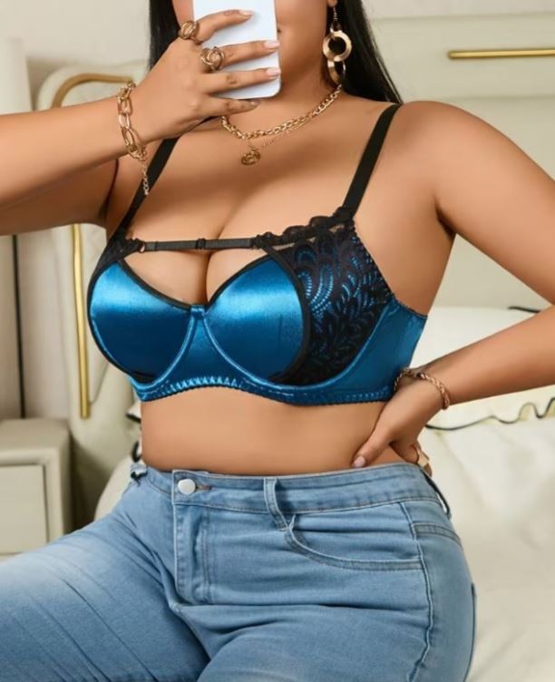 Plus Size Blue Satin Bra Black Lace Underwired Padded Strappy size 5XL 24-26