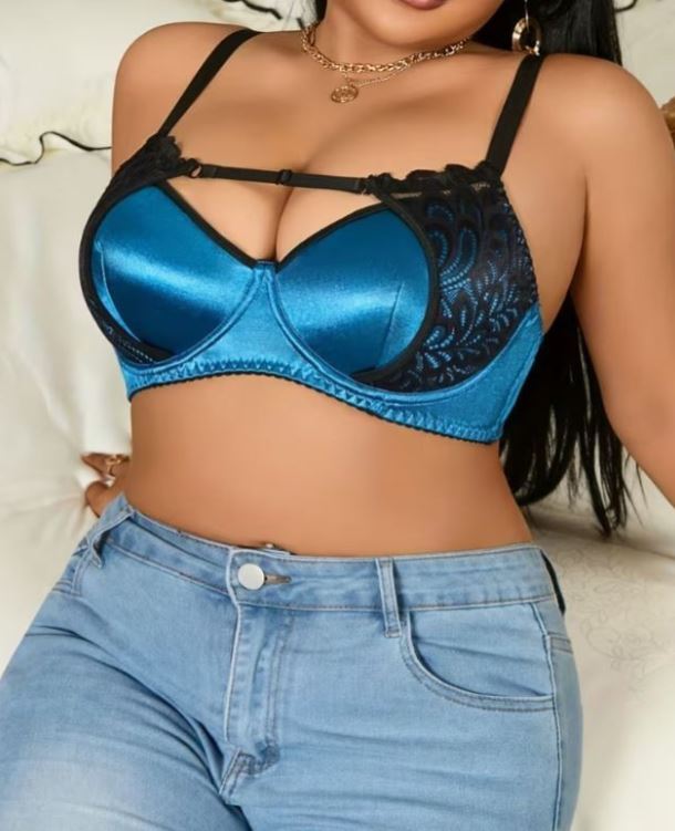 Plus Size Blue Satin Bra Black Lace Underwired Padded Strappy size L 12-14
