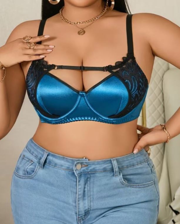 Plus Size Blue Satin Bra Black Lace Underwired Padded Strappy size XL 16-18