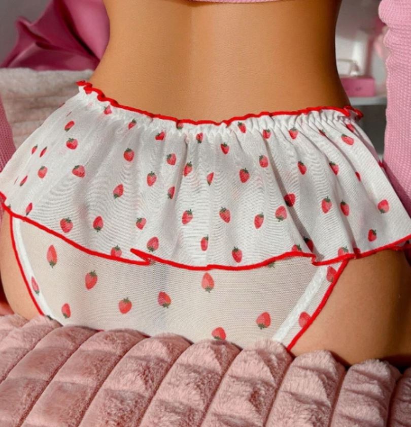 🍓 Sheer Strawberry Print Frilly Knickers Mesh Ruffle Bikini Briefs Panties size S 8