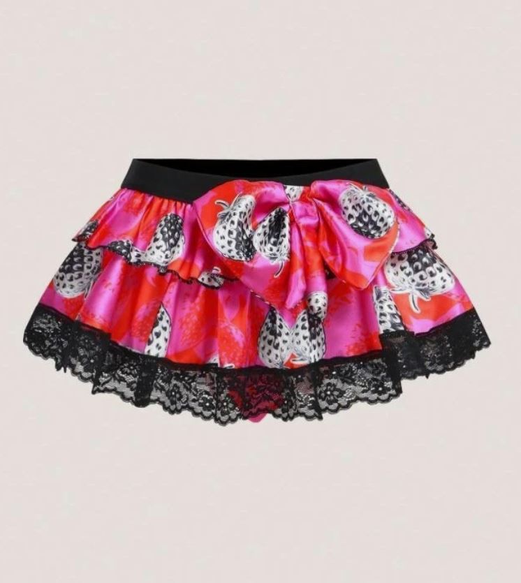 Soft silky satin feel cute strawberry print black lace trim cheeky fit size S 8