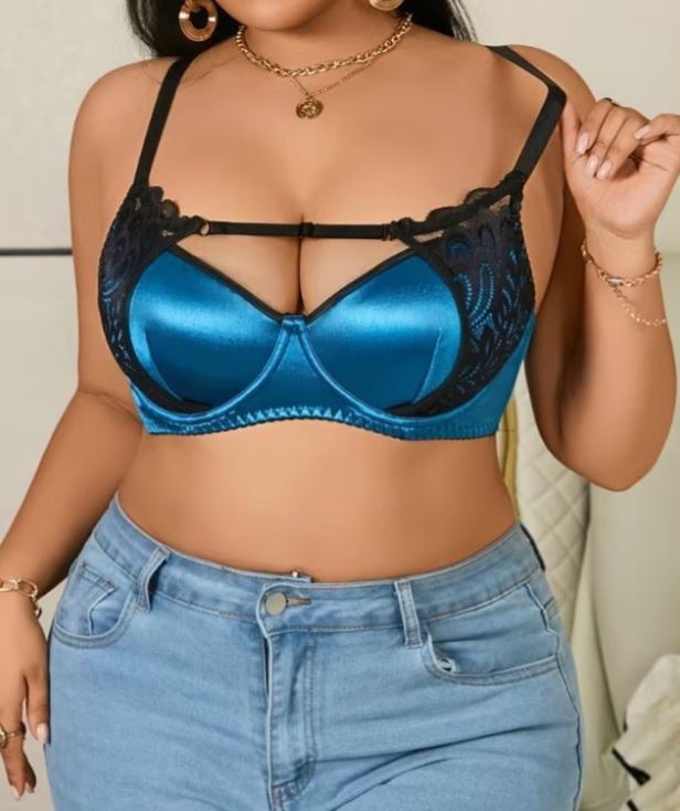 Plus Size Blue Satin Bra Black Lace Underwired Padded Strappy size 5XL 24-26