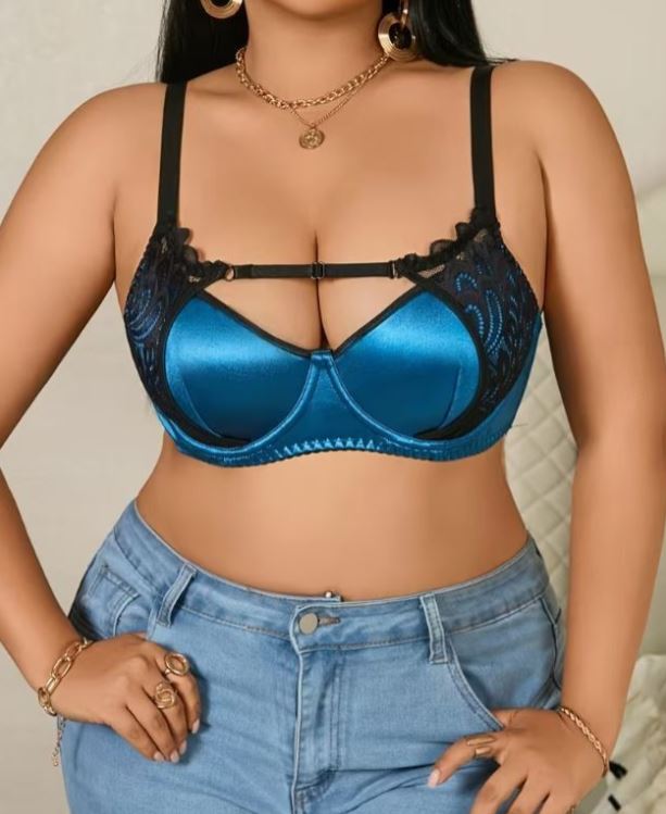 Plus Size Blue Satin Bra Black Lace Underwired Padded Strappy size L 12-14