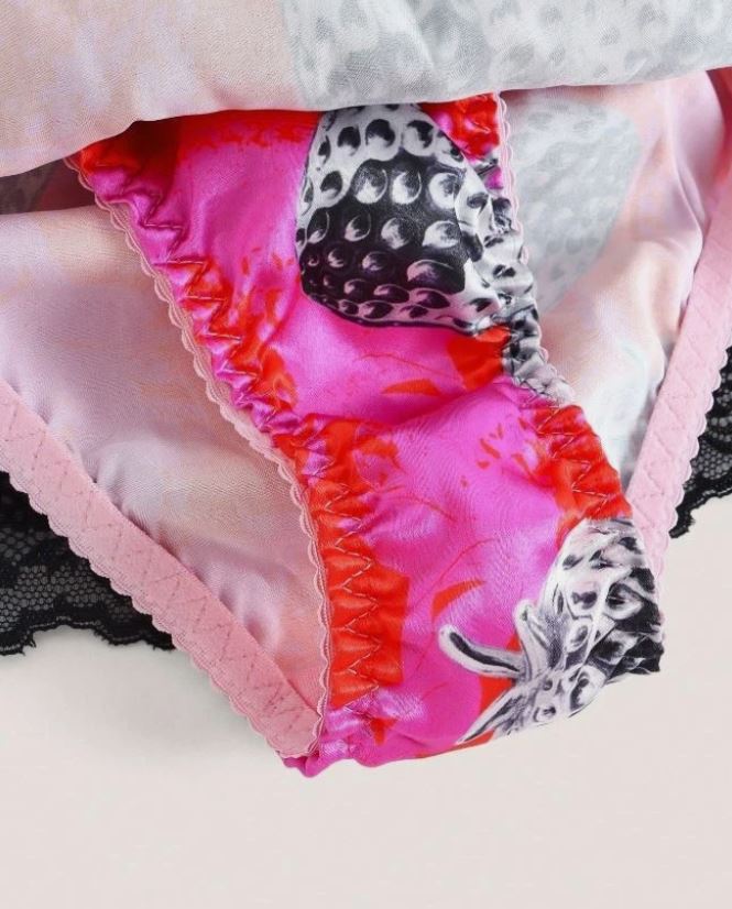 Soft silky satin feel cute strawberry print black lace trim cheeky fit size S 8