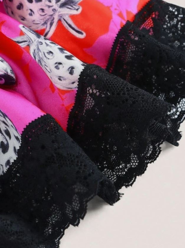 Soft silky satin feel cute strawberry print black lace trim cheeky fit size S 8