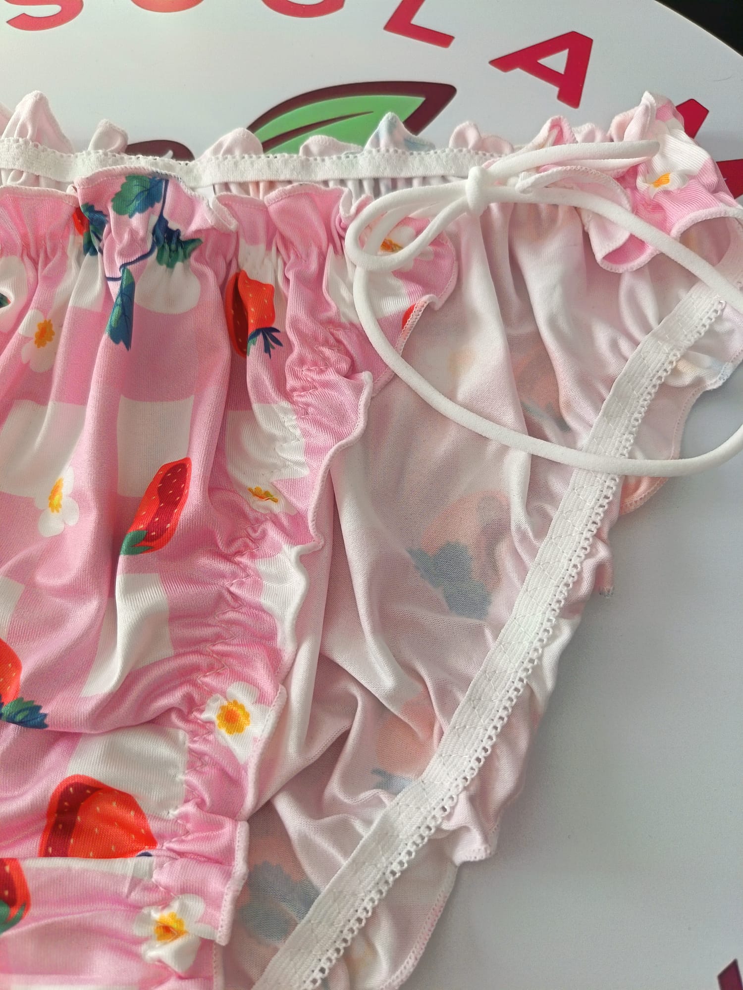 🍓 Pink Strawberry Frilly Sissy Panties Satin Feel Kawaii Briefs 🍓 size L 12-14