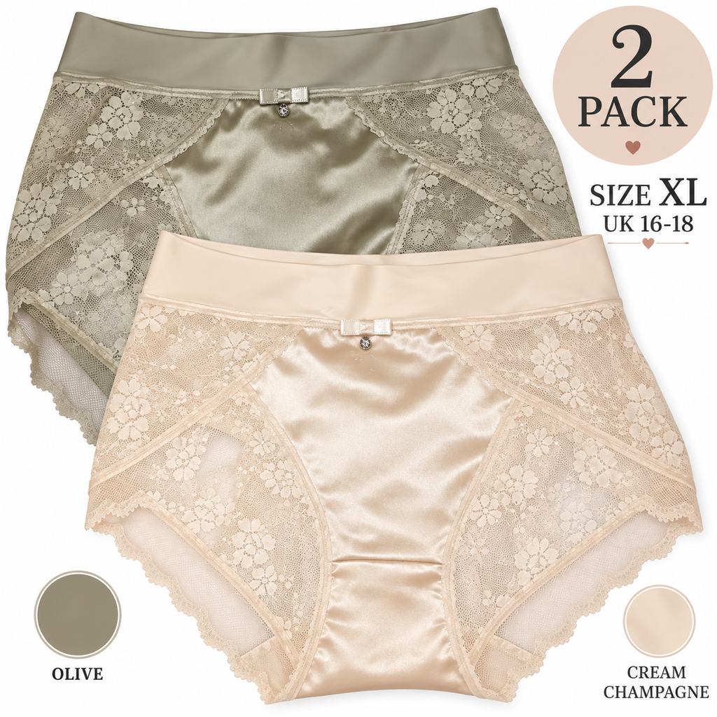 2 Pack Silky Satin Lace Knickers Womens Full Briefs XL UK 16-18