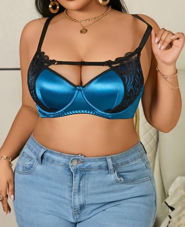💗✨ Blue Satin Lace Bra – Silky Supportive Underwired Lingerie ✨💗 size L 12-14