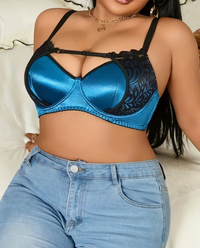 💗✨ Blue Satin Lace Bra – Silky Supportive Underwired Lingerie ✨💗 size L 12-14
