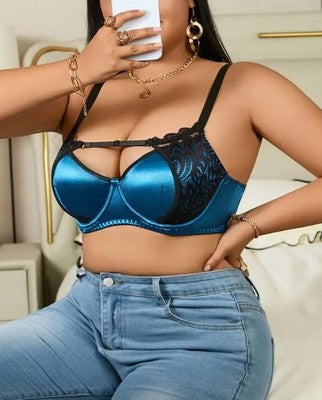 💗✨ Blue Satin Lace Bra – Silky Supportive Underwired Lingerie ✨💗 size L 12-14