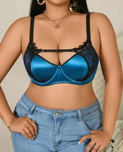 💗✨ Blue Satin Lace Bra – Silky Supportive Underwired Lingerie ✨💗 size L 12-14