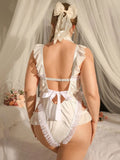 🤍 Luxury Satin Teddy Bodysuit Heart Cut Out silky Frilly White Size 2XL 20