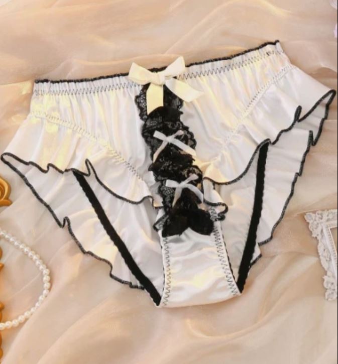 White Satin Knickers Frilly Ruffle Black Lace Bow Silky Briefs Lingerie size S 8