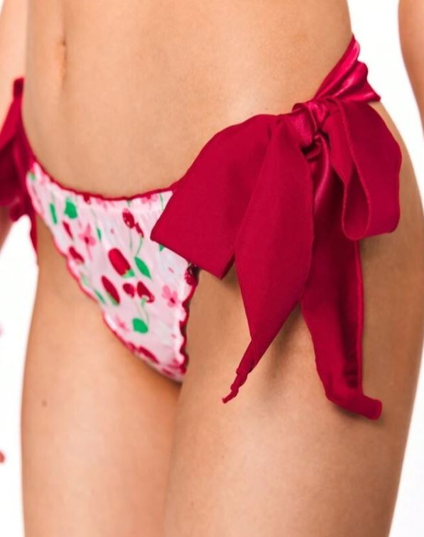 Pink Satin Thong Knickers Strawberry Print Red Side Tie Bows Silky Panties L 12-14