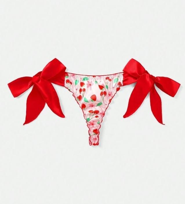 Pink Satin Thong Knickers Strawberry Print Red Side Tie Bows Silky Panties M 10