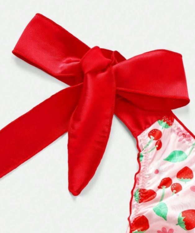 Pink Satin Thong Knickers Strawberry Print Red Side Tie Bows Silky Panties S 8