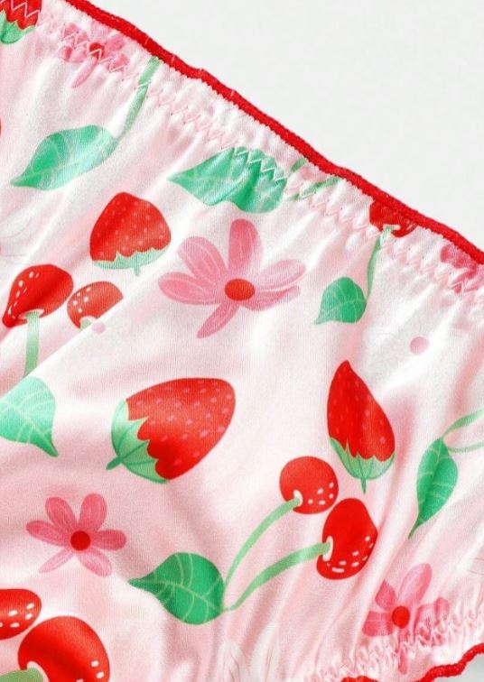 Pink Satin Thong Knickers Strawberry Print Red Side Tie Bows Silky Panties M 10