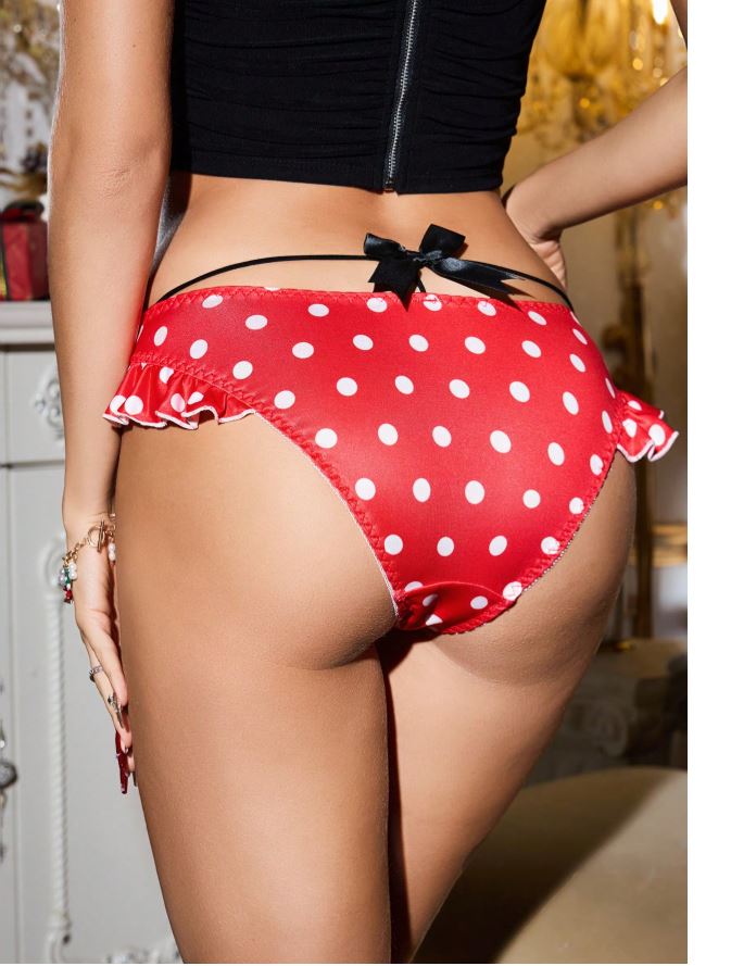 Red Polka Dot Satin Knickers Frilly Ruffle Black Bows Silky Panties size L 12-14