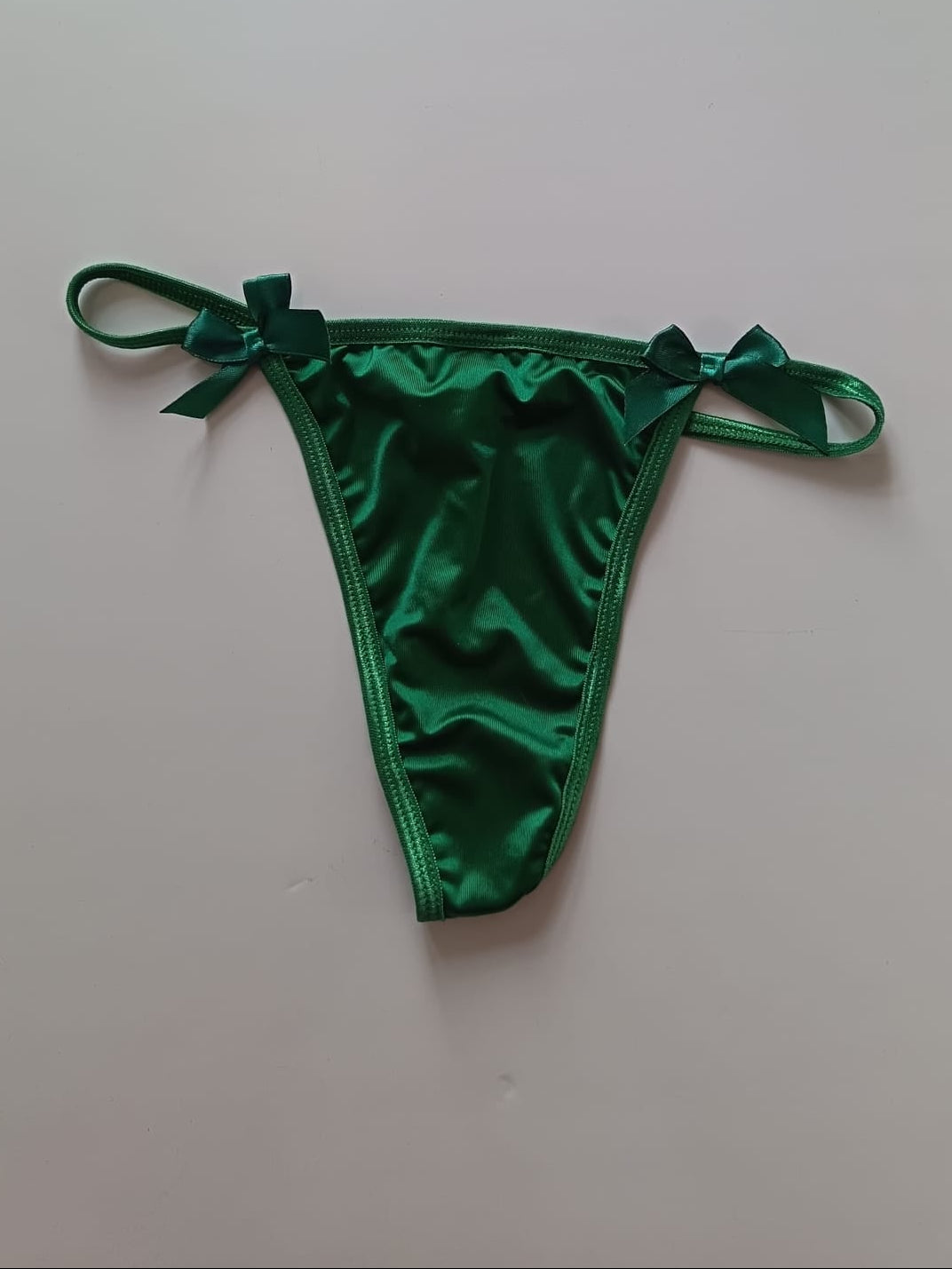 💚 Emerald Green Satin Thong Panties Bow Detail Silky Lingerie Knickers size 8 S