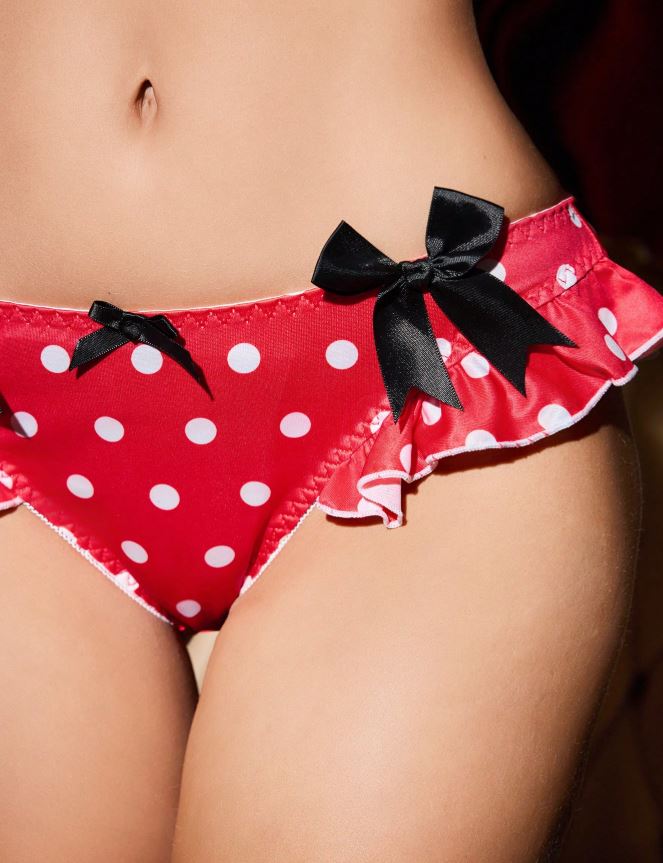 Red Polka Dot Satin Knickers Frilly Ruffle Black Bows Silky Panties size S 8