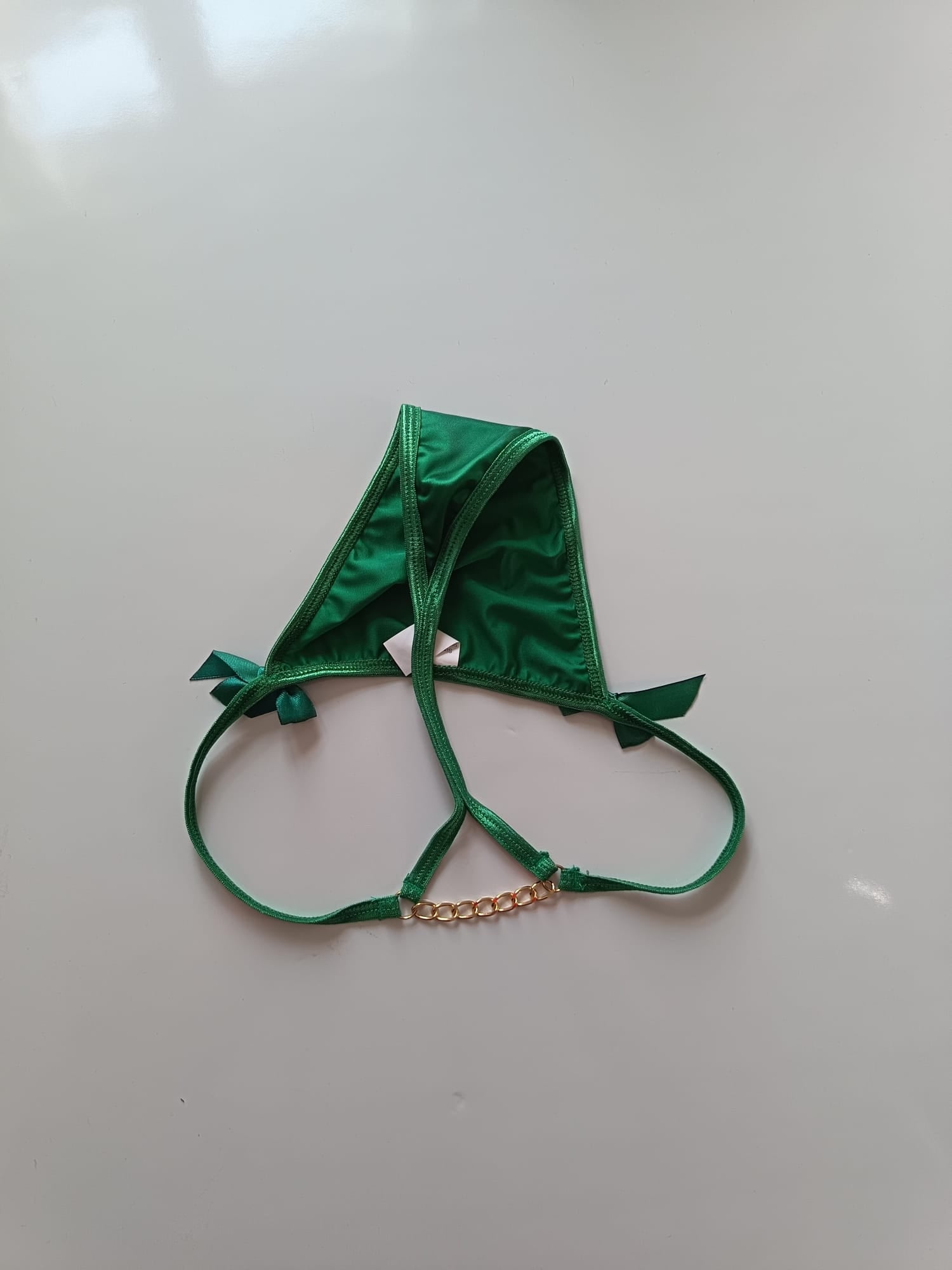 💚 Emerald Green Satin Thong Panties Bow Detail Silky Lingerie Knickers size 8 S