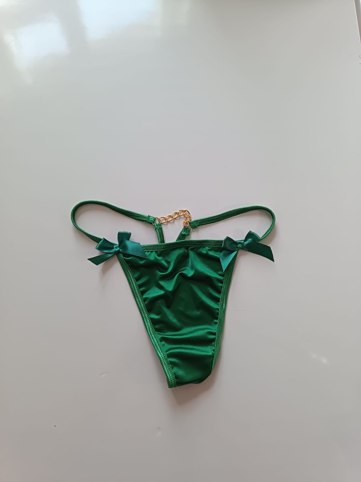 💚 Emerald Green Satin Thong Panties Bow Detail Silky Lingerie Knickers size 8 S