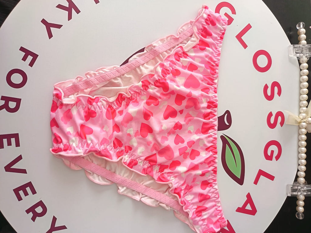 💕 Pink Heart Frilly Satin Sissy Panties Lace Ruffle Briefs 💕 size L 12-14