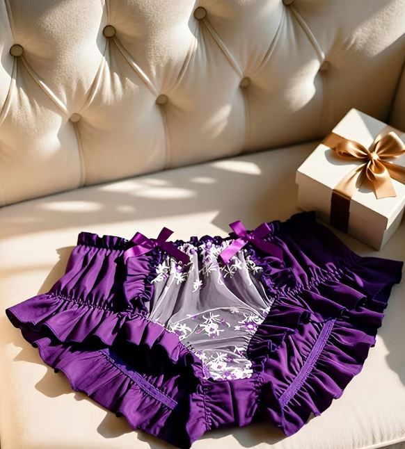 💜 Satin Frilly Knickers silky Lace Panties Ruffle Bloomers purple Kawaii size XL 16-18