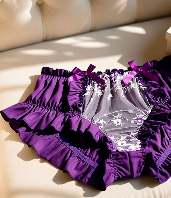 💜 Satin Frilly Knickers silky Lace Panties Ruffle Bloomers purple Kawaii size XL 16-18