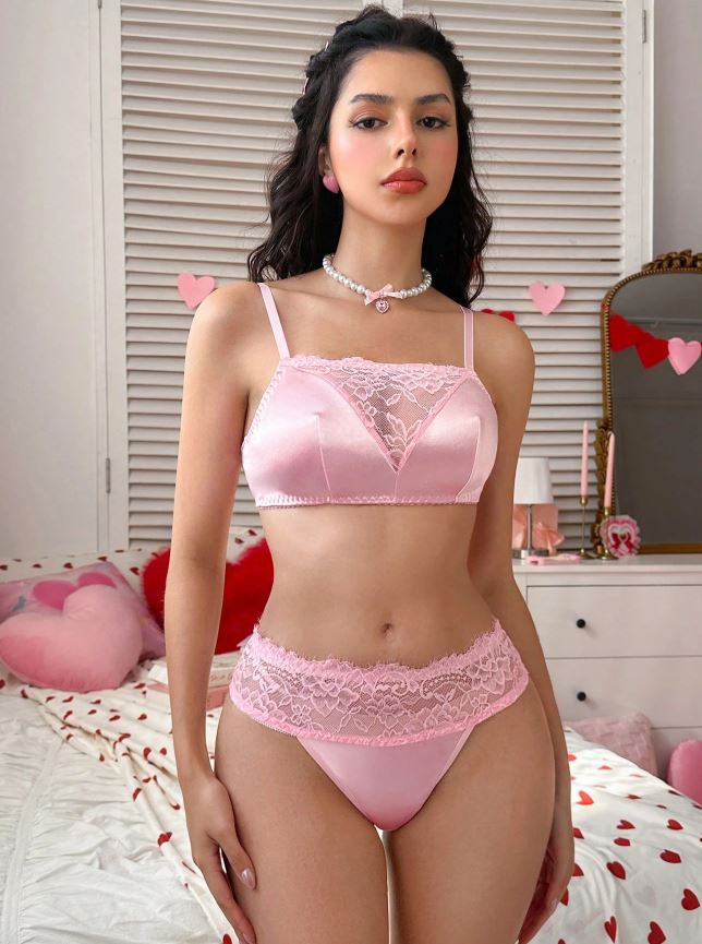 💖 Women's Pink Satin Lace Lingerie Set Bralette Bra & Thong 💖 size 8 S