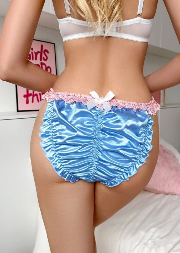 Blue Silky Satin Frilly Knickers Pink Lace Ruffle Bow Satin Panties size S 8