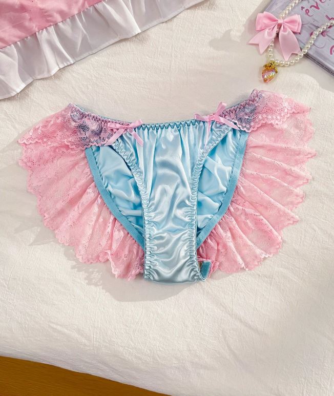 Women’s Satin Lace Ruffle Panties Blue Pink Cute Fairycore Briefs size 8 S