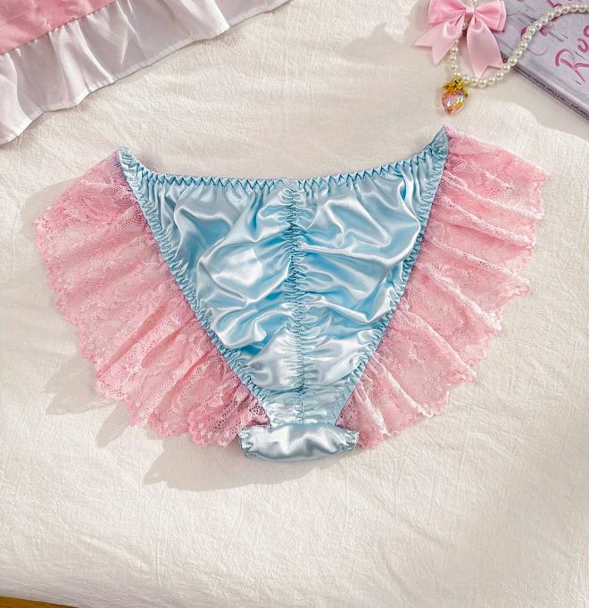 Women’s Satin Lace Ruffle Panties Blue Pink Cute Fairycore Briefs size 12-14 L