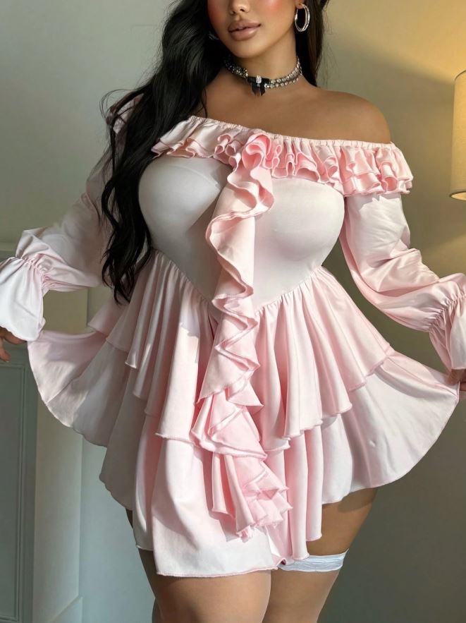 Pink Satin Look Babydoll Nightdress Ruffle Lingerie Long Sleeve size 3XL 22