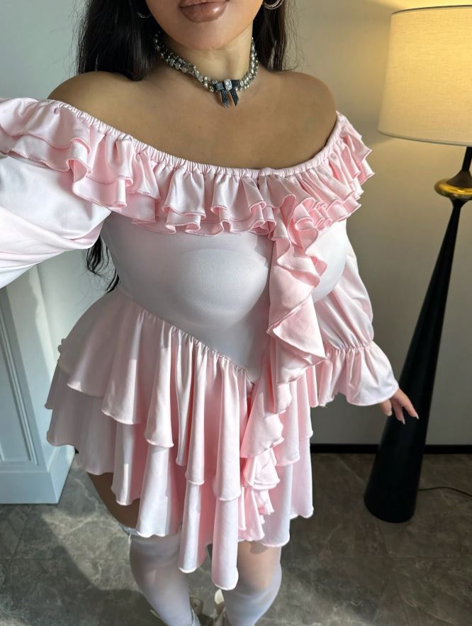 Pink Satin Look Babydoll Nightdress Ruffle Lingerie Long Sleeve size 2XL 20