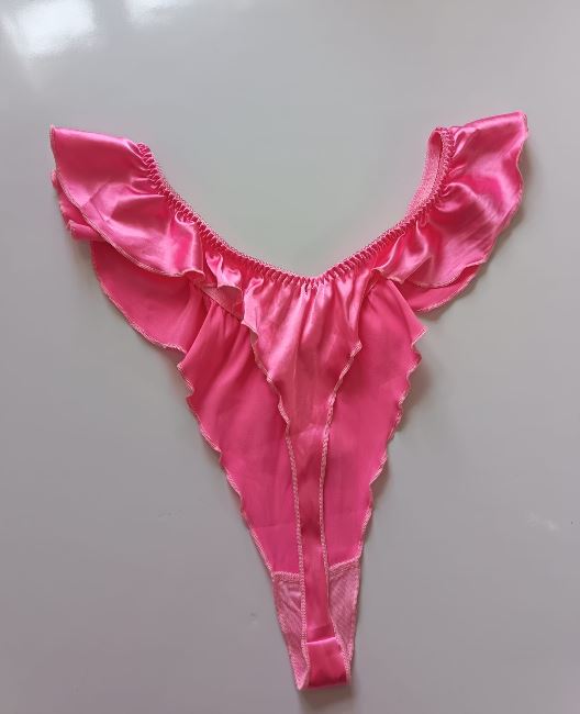 💕 Pink Satin Frilly Ruffle Thong Knickers Mesh Bow Panties silky size XL 16-18 💕